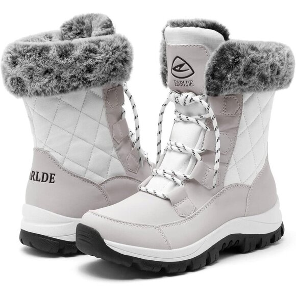 Women’s White Waterproof Snow Boots Mid-Calf Faux Fur Lined Non-Slip - Picture 3 of 9